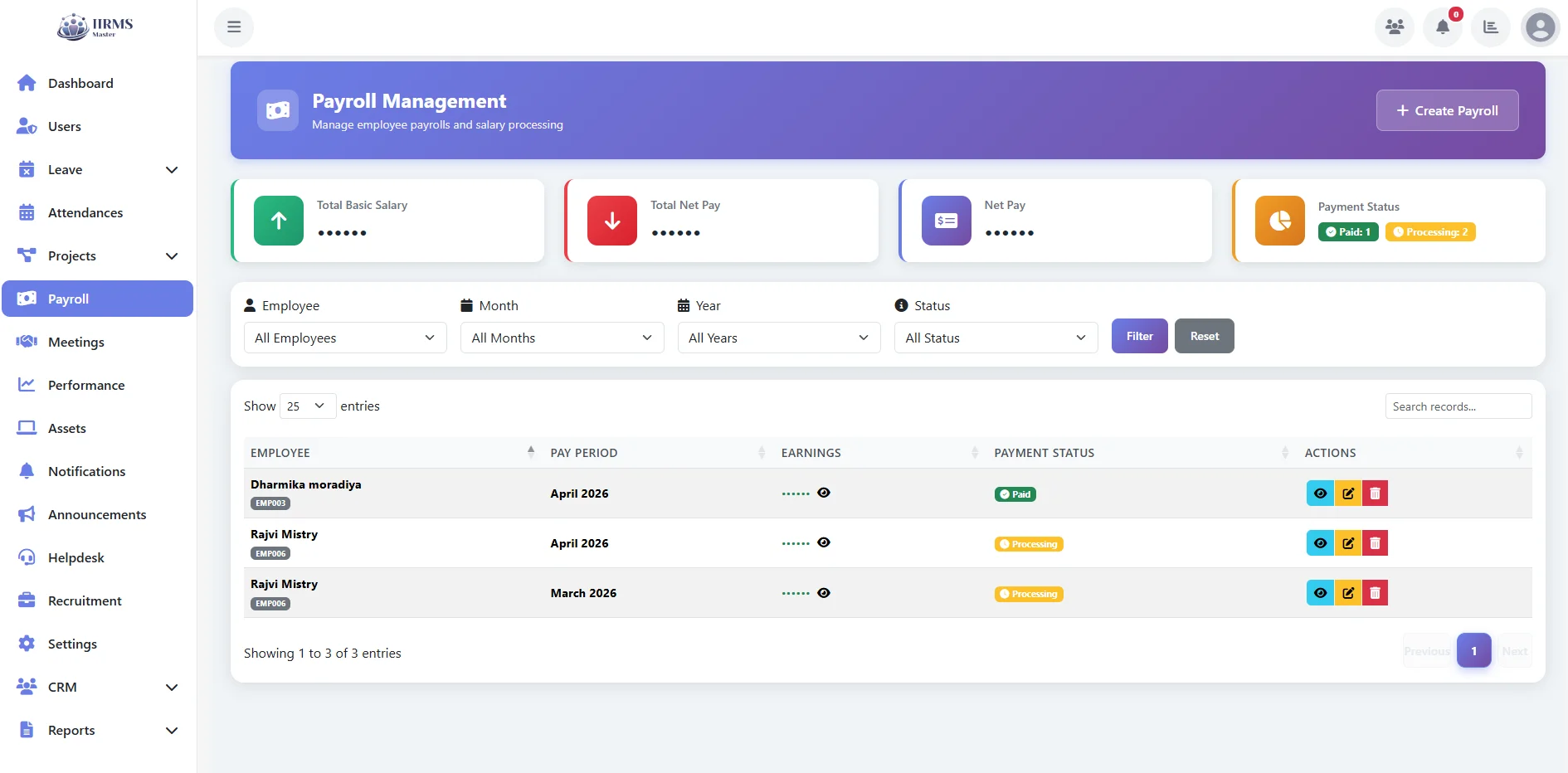 Admin Payroll page